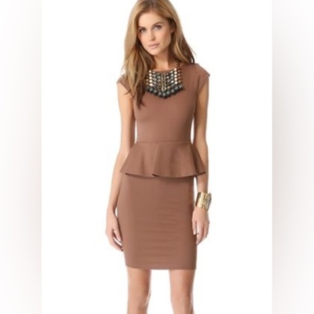 Alice Olivia Employed Peplum Dress Sz 6 Midi Zipper Short Sleeve Brown